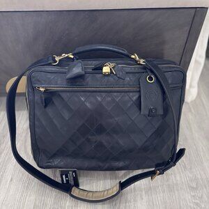Authentic Chanel Black leather wild stitch 2 compartment suitcase travel bag